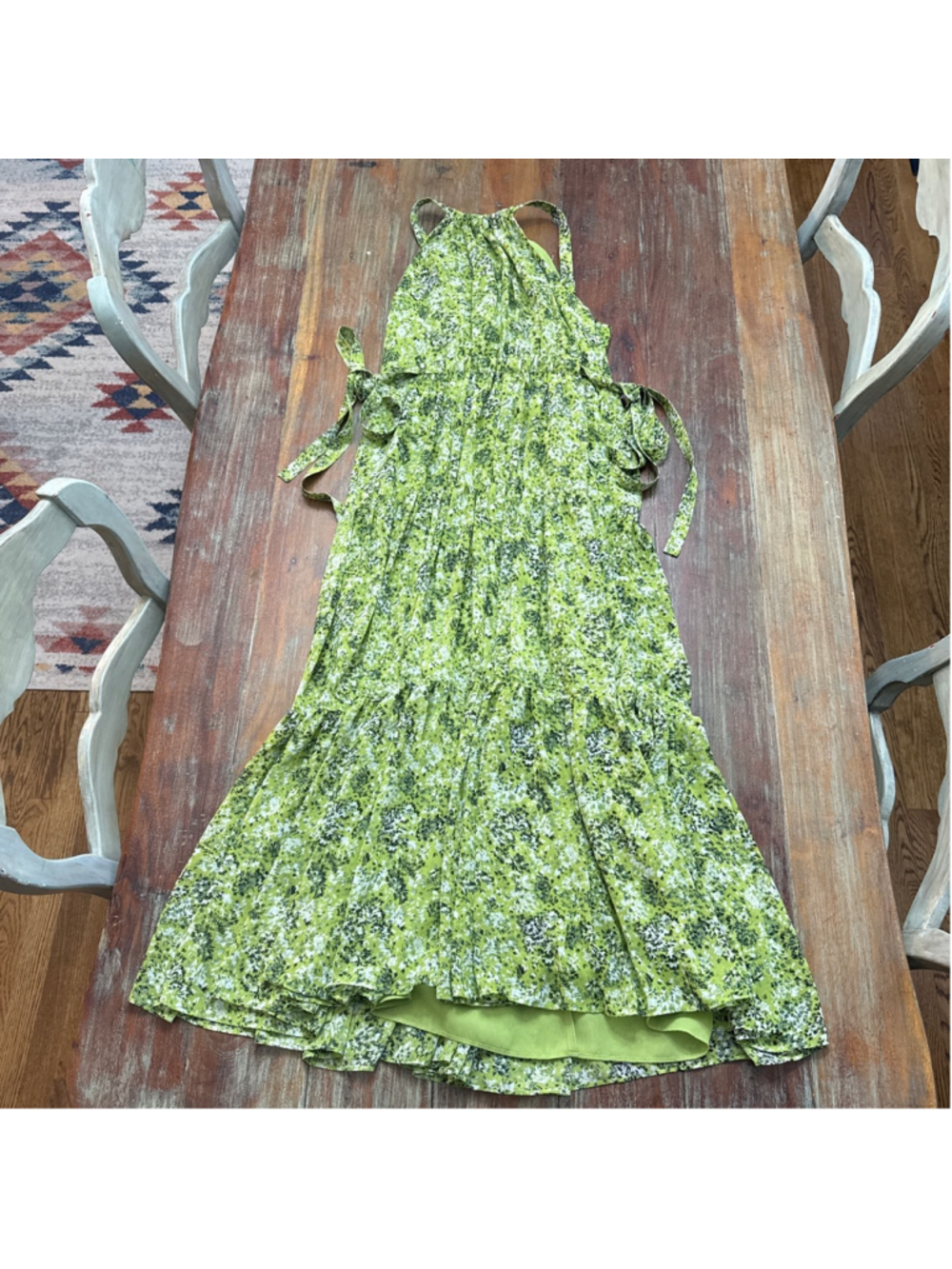 Cinq a Sept Halter Maxi Dress XS Green Floral Abstract Tiered Ruffle Side Tie